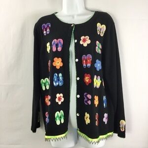 SWEATER sweater brand flip flops & tropical flowers black button front cardigan